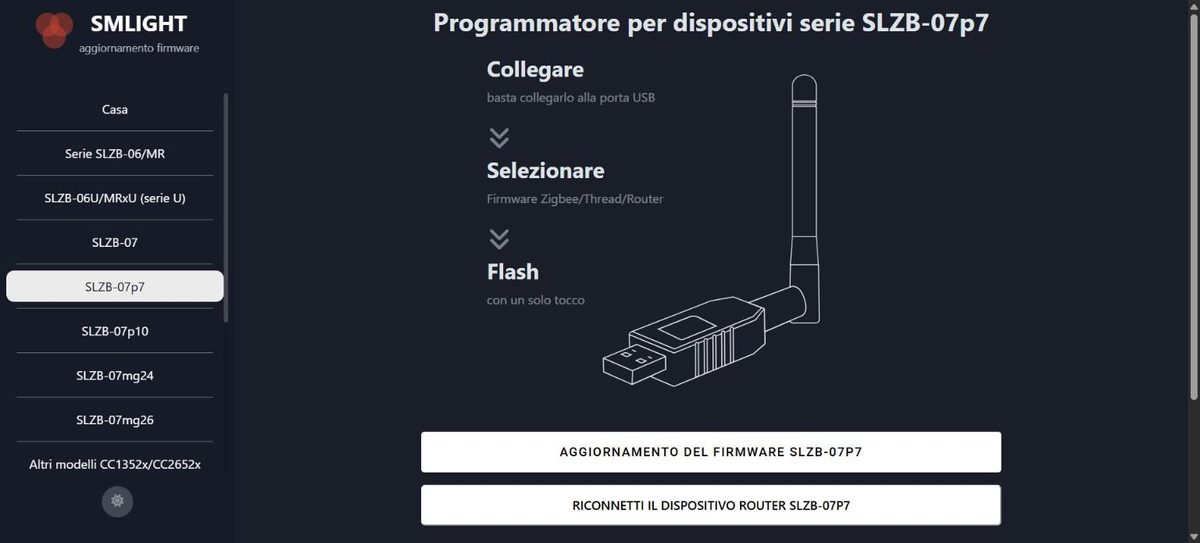 Pagina del flasher SMLIGHT per la serie SLZB-07p7 con i pulsanti di aggiornamento