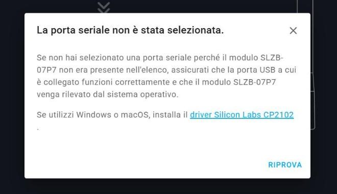 Avviso del flasher: la porta seriale non è stata selezionata, con il link al driver Silicon Labs CP2102 e il pulsante Riprova
