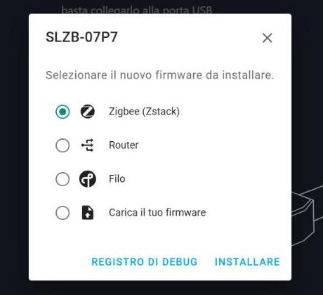 Finestra del flasher con la scelta del firmware: Zigbee Zstack selezionato, Router, Filo e Carica il tuo firmware