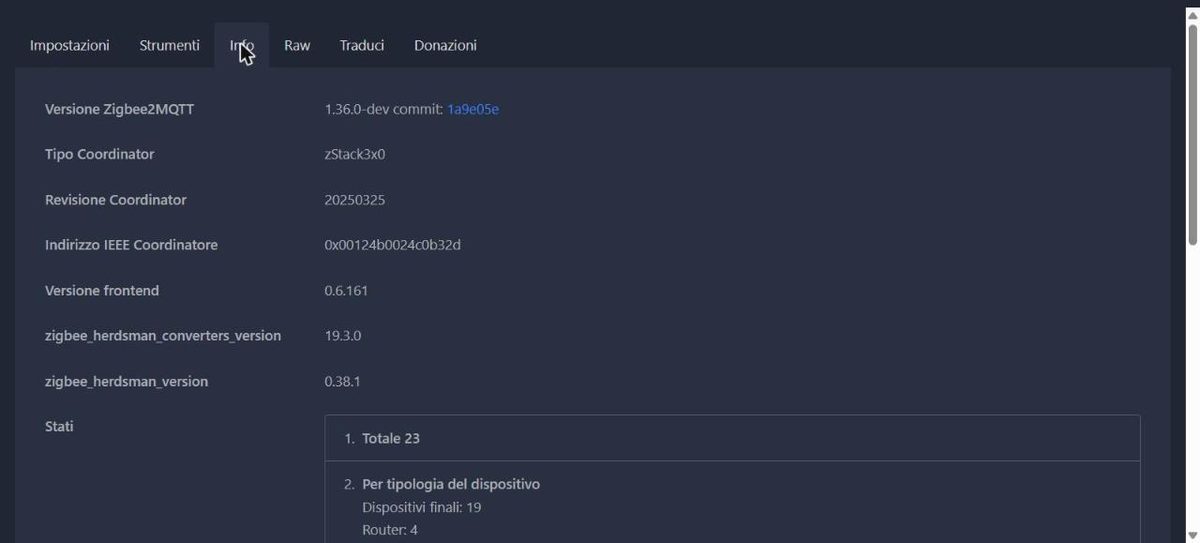 Scheda Info di Zigbee2MQTT con tipo coordinator zStack3x0 e revisione 20250325