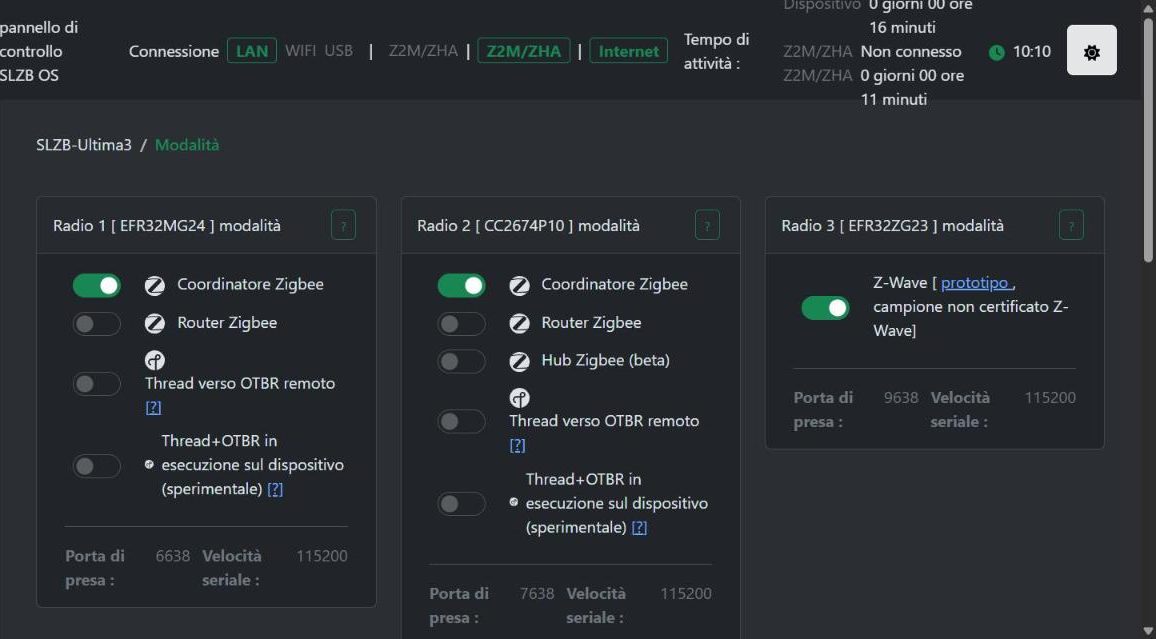 Pagina Modalità della SLZB-Ultima con Radio 1 e Radio 2 come coordinatore Zigbee e Radio 3 in modalità Z-Wave, con le porte 6638, 7638 e 9638