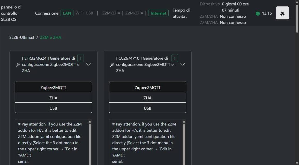 Pagina Z2M e ZHA della SLZB-Ultima con i generatori di configurazione per le due radio
