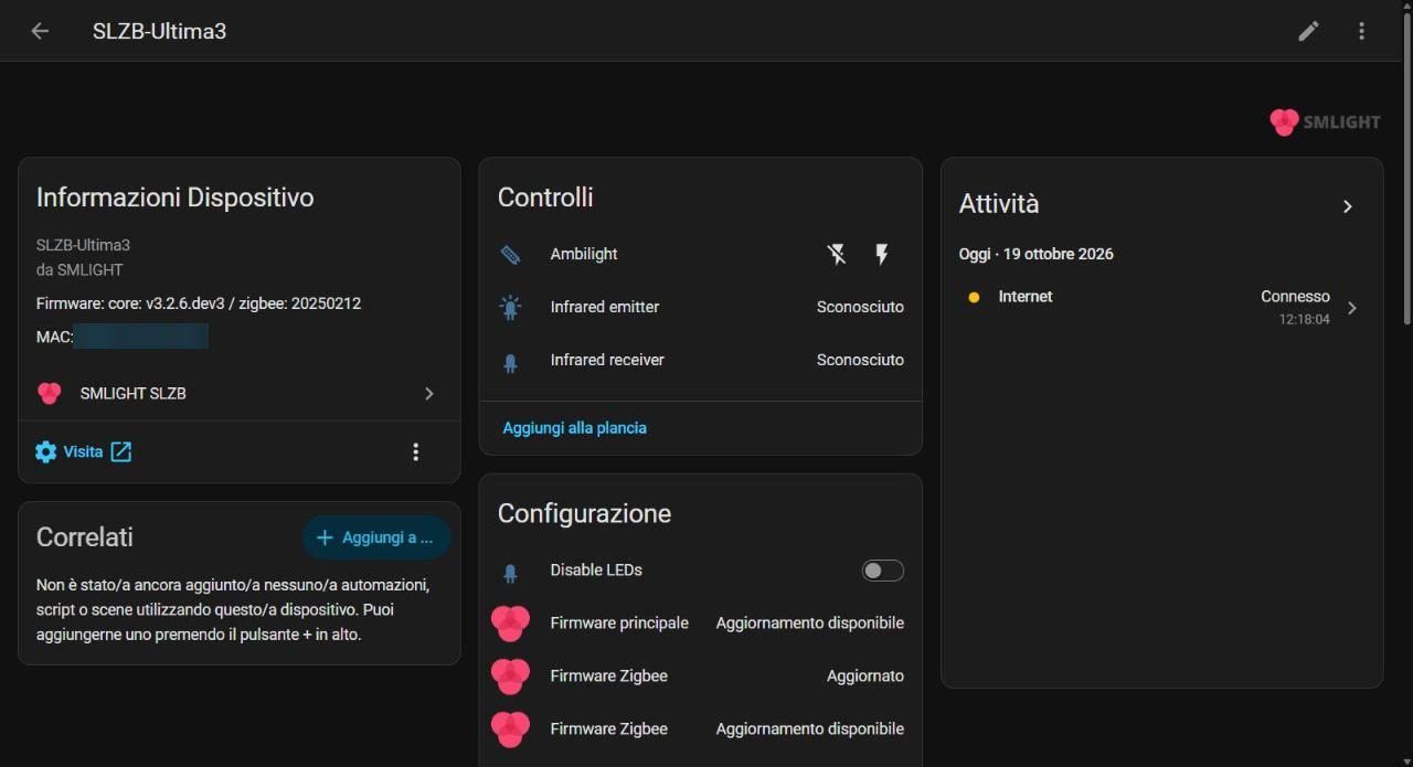 Scheda del dispositivo SLZB-Ultima3 in Home Assistant con controlli Ambilight e infrarossi e gli aggiornamenti firmware