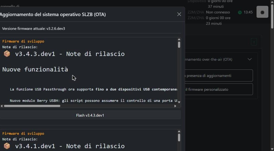 Finestra di aggiornamento SLZB-OS con l'elenco delle versioni di sviluppo e il pulsante Flash