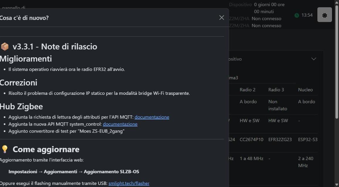 Note di rilascio di SLZB-OS v3.3.1 mostrate dopo l'aggiornamento
