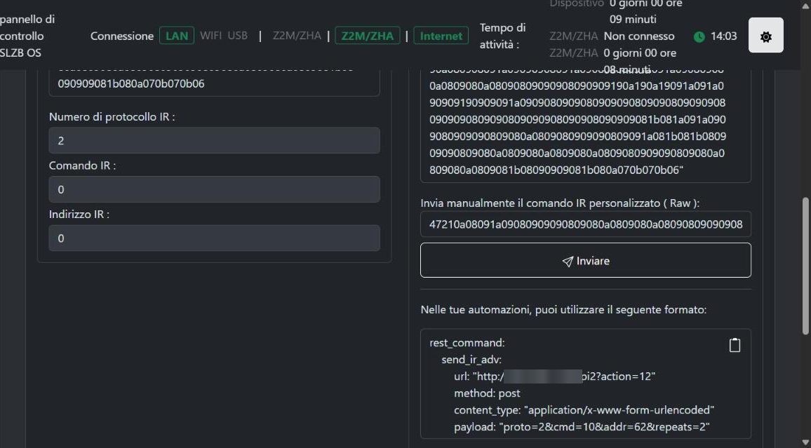 Pagina IR Impara e riproduci della SLZB-Ultima con il codice grezzo ricevuto dal telecomando e il rest_command per rimandarlo