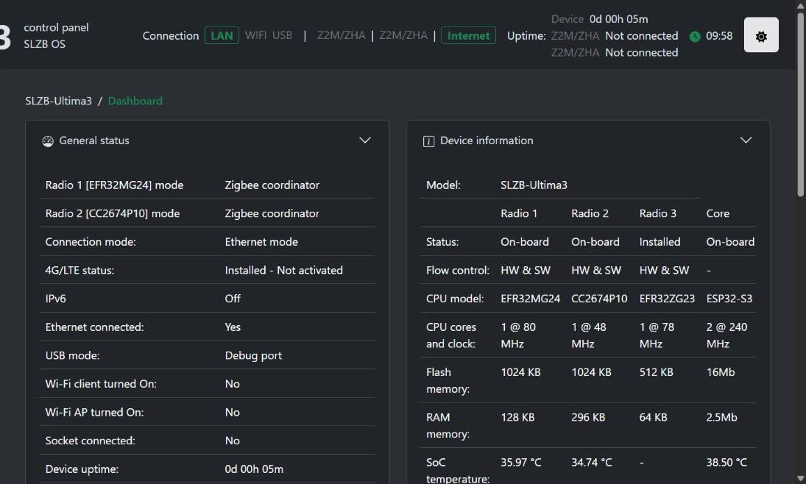 Pannello della SLZB-Ultima con la Radio 3 EFR32ZG23 installata e lo stato 4G installato ma non attivato