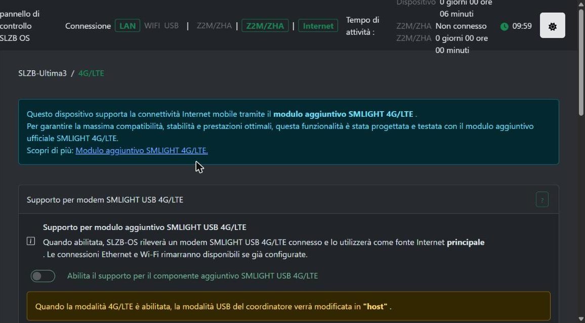 Pagina 4G/LTE della SLZB-Ultima con l'interruttore per abilitare il supporto al modulo SMLIGHT USB 4G/LTE