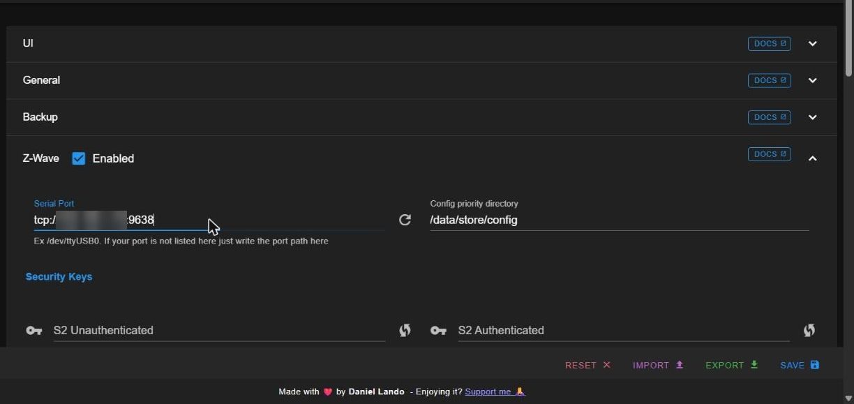 Impostazioni Z-Wave di Z-Wave JS UI con Serial Port tcp sulla porta 9638