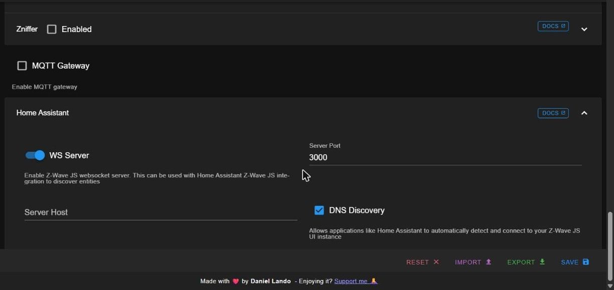 Sezione Home Assistant di Z-Wave JS UI con WS Server attivo sulla porta 3000 e DNS Discovery