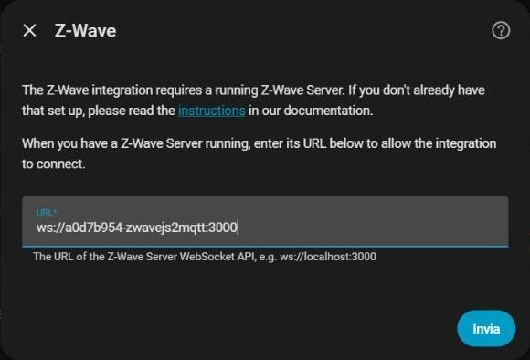 Finestra Z-Wave con il campo URL compilato con ws://a0d7b954-zwavejs2mqtt:3000