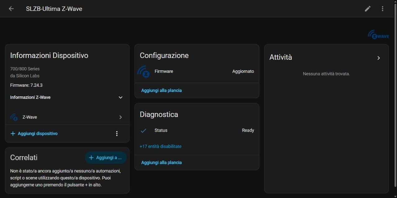 Scheda del dispositivo SLZB-Ultima Z-Wave in Home Assistant con firmware 7.24.3 e Status Ready