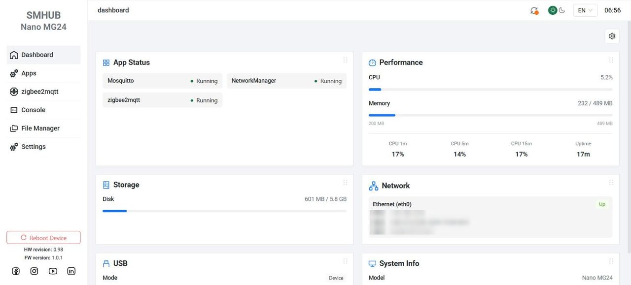 Dashboard dello SMHUB Nano con Mosquitto, NetworkManager e zigbee2mqtt in esecuzione, CPU, memoria, disco e rete Ethernet