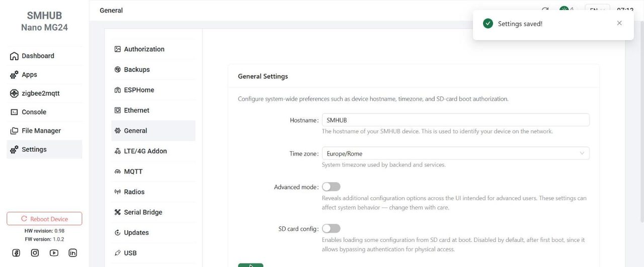 Pagina General dello SMHUB Nano con Time zone Europe/Rome e il messaggio Settings saved