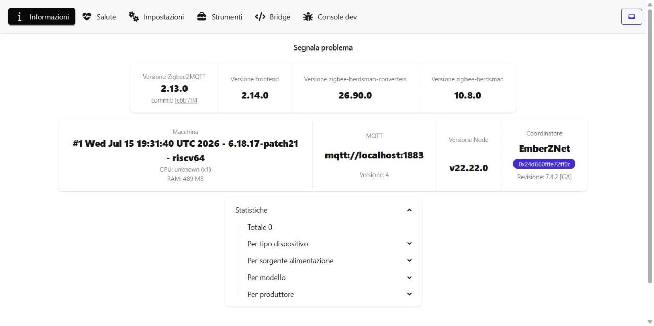 Pagina Informazioni di Zigbee2MQTT sul Nano: versione 2.13.0, kernel riscv64, MQTT mqtt://localhost:1883, coordinatore EmberZNet 7.4.2