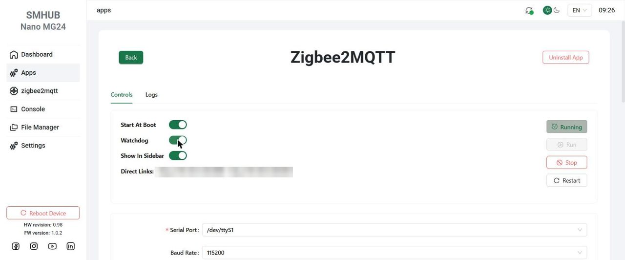 Scheda Controls dell'app Zigbee2MQTT sul Nano con Start At Boot, Watchdog e Show In Sidebar accesi