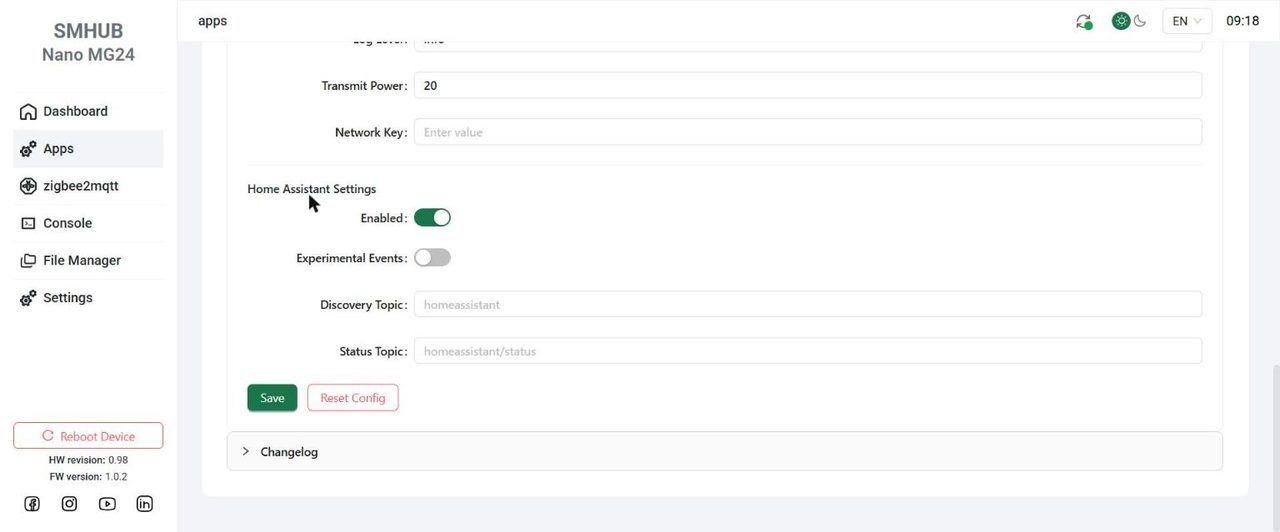 Sezione Home Assistant Settings del modulo con Enabled acceso, Experimental Events spento e i pulsanti Save e Reset Config