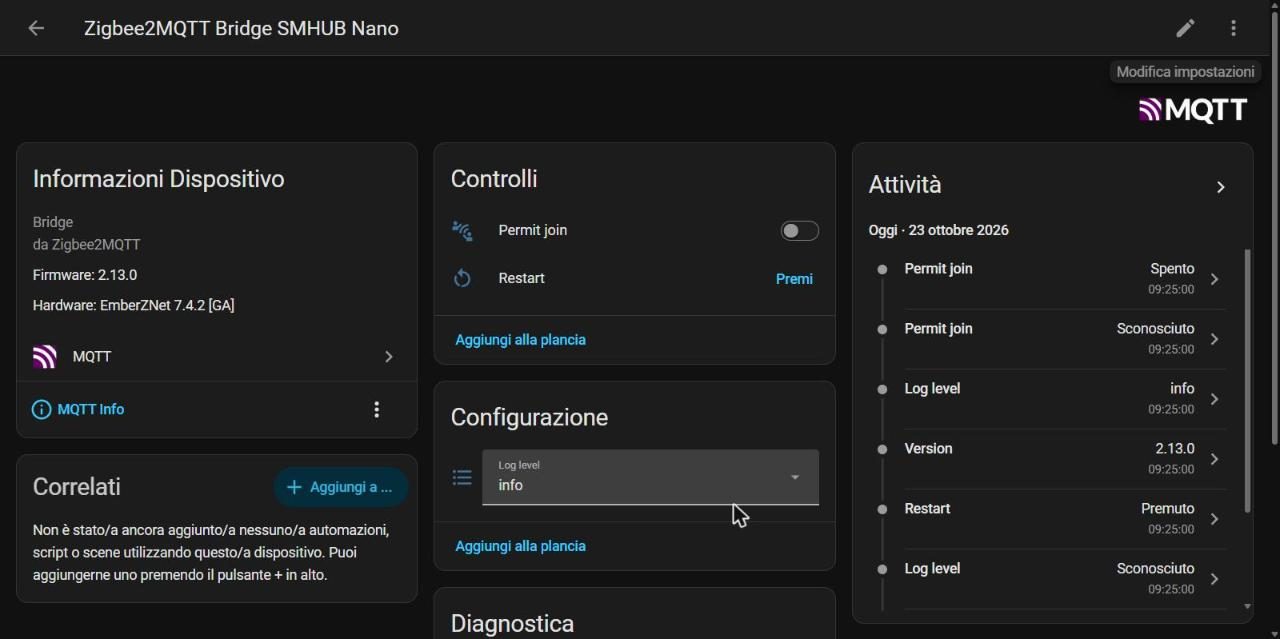 Dispositivo Zigbee2MQTT Bridge SMHUB Nano in Home Assistant con firmware 2.13.0, hardware EmberZNet 7.4.2, Permit join e Restart