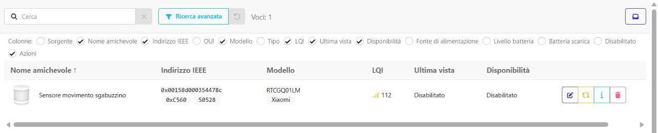 Elenco Dispositivi di Zigbee2MQTT sul Nano con il Sensore movimento sgabuzzino, Xiaomi RTCGQ01LM, LQI 112