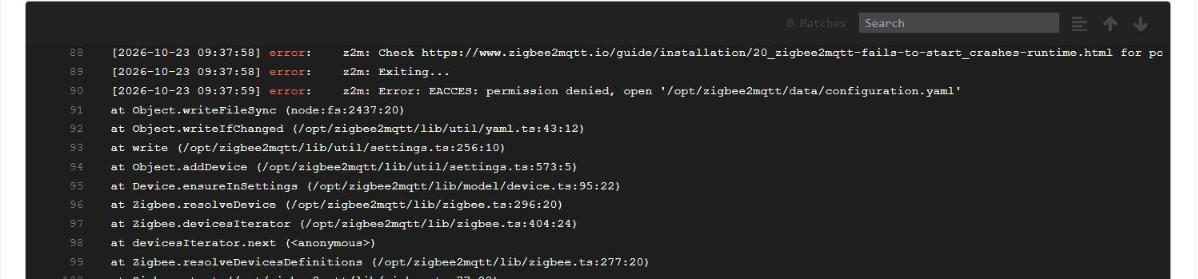 Log di Zigbee2MQTT con l'errore EACCES permission denied su /opt/zigbee2mqtt/data/configuration.yaml