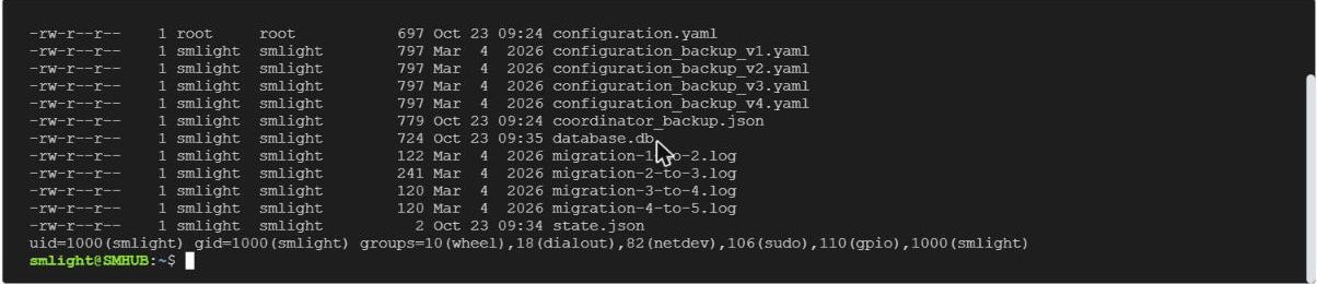 Console del Nano con l'elenco dei file di Zigbee2MQTT: configuration.yaml di proprietà di root, gli altri di smlight